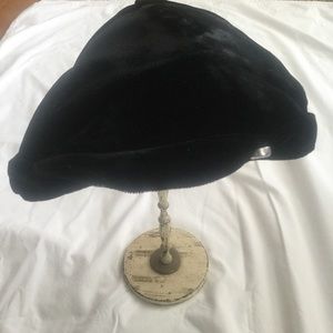 Vintage Black Velvet Hat with Rhinestone Button